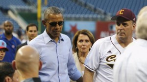 U.S. President Obama attends the annual Congressional Baseball Game with House Minority Leader Pelosi and Representative Kildee at Nationals Park in Washington