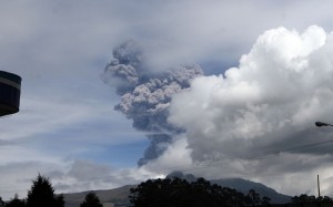 View of the Cotopaxi volcano spewing ash